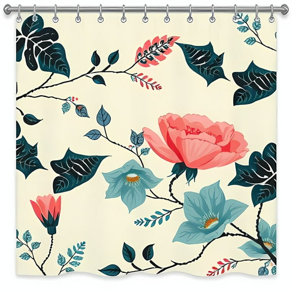 Vibrant Floral Shower Curtain with Coral Teal Blossoms - Vintage-Inspired Design for Modern Bathrooms
