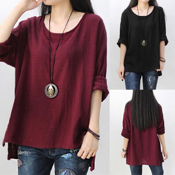 Camisetas De Otoño Para Mujer, Camisetas De Algodón Y Lino De Manga Larga Con Cuello Redondo Liso Para Mujer Likrtyny Mujer