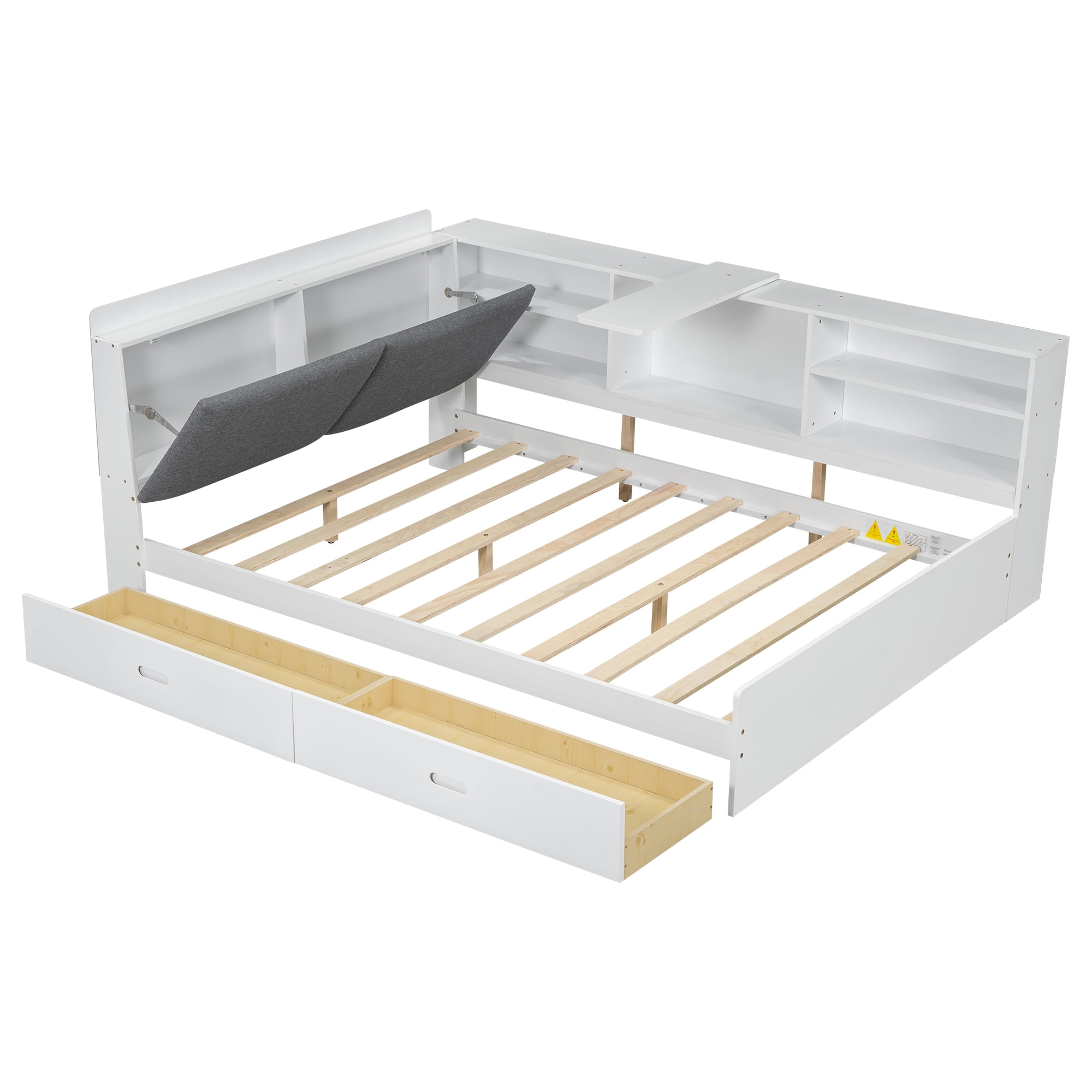 MAYEERTY Wood Full Size platform bed with Storage Headboard, Shelves and 2 Drawers, White