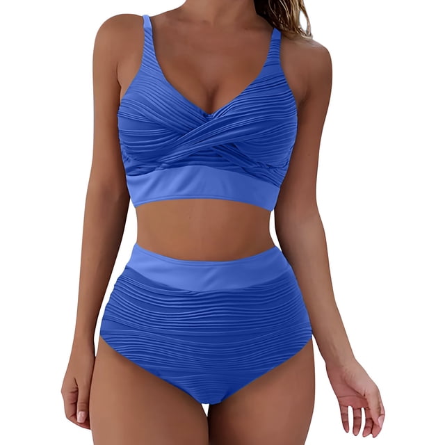 Clearance! Prolriy Bikini Sets for Women Water Ripple Fabric Solid Color High Waist Split Swimsuit Womens Swimsuits Blue M