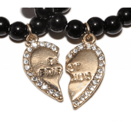 Lux Accessories Gold Best Friends BFF Black Beaded Stretch Heart Charm Bracelet Set (2