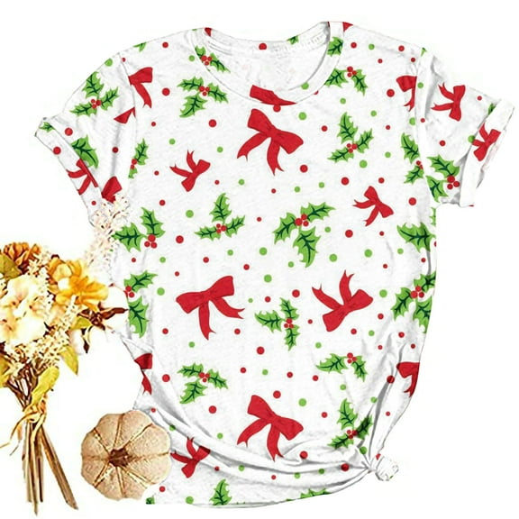 SELONE Christmas Tops for Plus Size Women Short Sleeve Xmas Pullover Tops Merry Christmas Tees Blouses Christmas Themed Clothing Christmas Outfits Ideas Holiday Attire Party Collection White 2XL