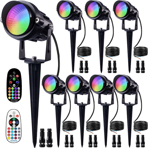 SUNVIE Christmas 12W RGB Color Changing Landscape Lighting Low Voltage LED Outdoor Spotlight Waterproof Garden Pathway Decorative Lights, 8 pack