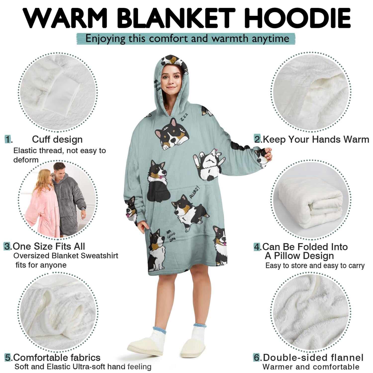 Wearable Oversized Blanket,Black Corgi Wearable Blanket Hoodie for Adults,Cozy Hooded Blankets with Super Pockets,Super Warm Fuzzy Pullover for Women & Men