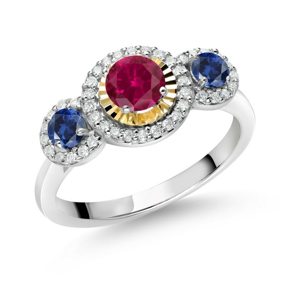Gem Stone King 0.89 Ct Red Created Ruby Blue Created Sapphire 925 Silver and 10K Yellow Gold Lab Grown Diamond 3 Stone Women Engagement Ring (Size 7)