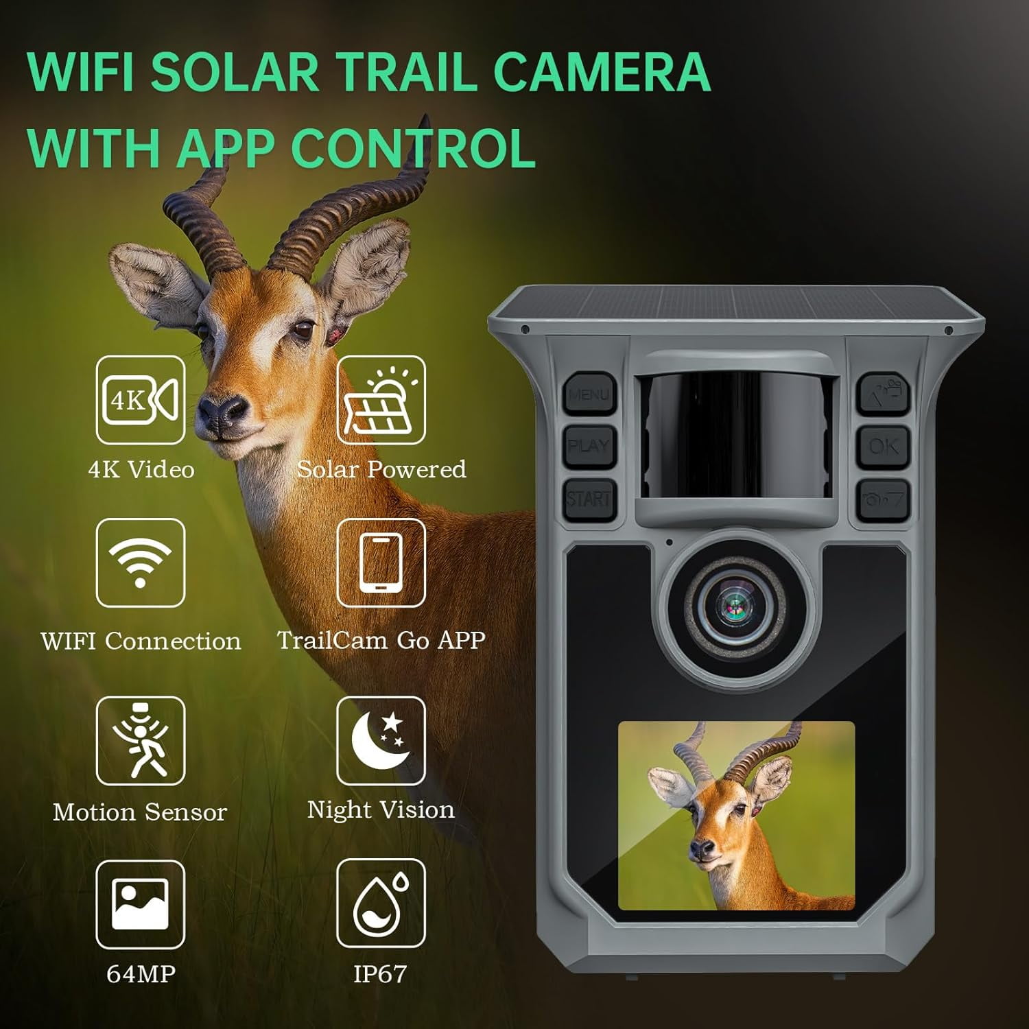 WiFi Trail Camera 4K 64MP Solar Game Camera with 5000mAh Battery, 64GB Memory Card, IP67 Waterproof Night Vision Trail Cam for Wildlife Monitoring with 2-Inch Screen