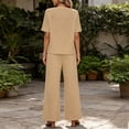 thumbnail image 4 of Women Suits 2 Piece Set Womens Solid Color Casual Vacation Linen Outfit Button Short Sleeve Blouse Wide Leg Pants Set Summer Travel Wear Khaki 3XL, 4 of 7