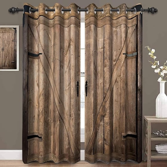 Brown Wooden Barn Door Curtains Rustic Wood Plank Barnwood Cabin Blackout Window Curtains For Living Room Western Vintage Farmhouse Country Style Wood Grommets Curtains 42"W x 108"L (Pack of 2)