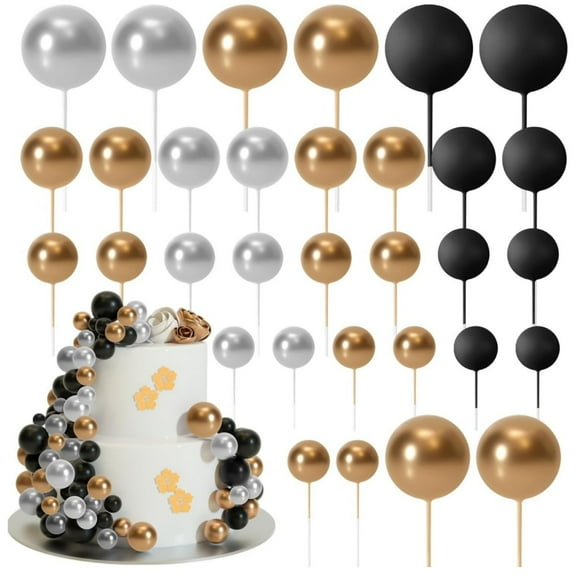 Cake Decorations 32 Pcs, Ball Cake Topper with Sticks for Wedding, Birthday Party, Mini Balloons and Foam Balls Cake Picks
