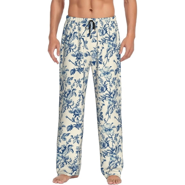 Fotbe Vintage Blue Floral Pantalones de Pijama para Hombre, Pantalones de Dormir, Pantalones de Casa con Cintura Ajustable y Bolsillos-Medium