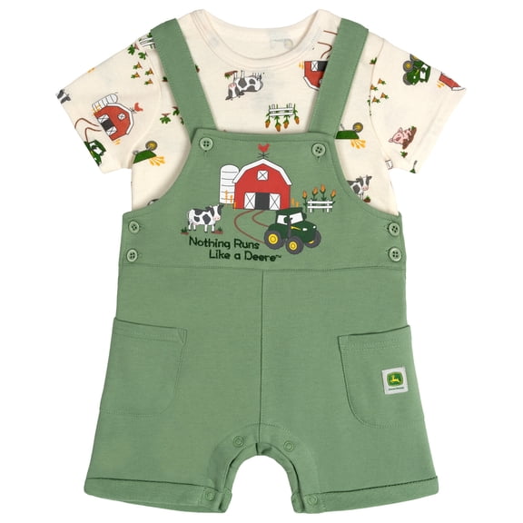 John Deere Baby Boys' 2-Piece Shortall and T-Shirt Set Sage Green Cream