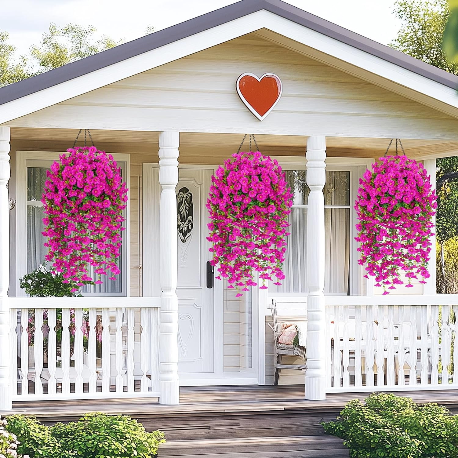 4Pack UV Resistant Artificial Hanging Petunias, 29.9in Fake Flowers for Outdoor Patio Garden Decor
