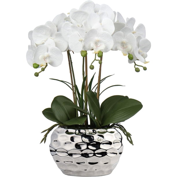 Orquídeas Artificiales de Tacto Real, Orquídea Phalaenopsis con Macetas de Cerámica Plateadas, para Hogar, Oficina, Baño, Sala de Estar y Decoración de Bodas, Color Blanco