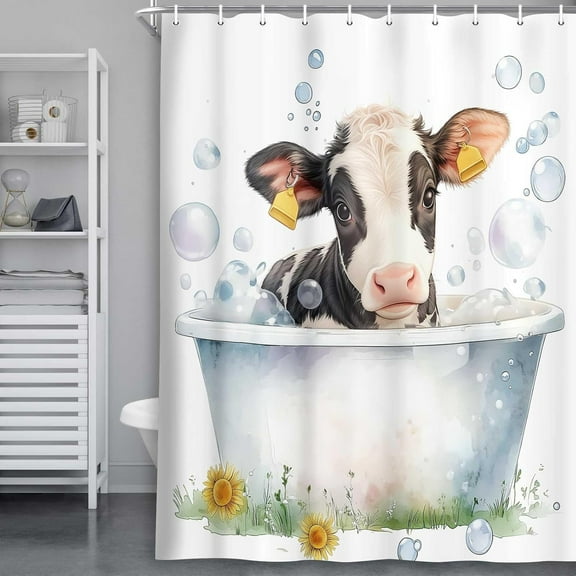 Funny Cow Shower Curtain,Farmhouse Black White Cow Print Bubbly Bathtub Sunflower Bathroom Shower Curtains. with Hooks Polyester Bath Curtain, 72X72in