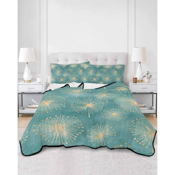 Quilts Twin Size, Teal Green Dandelion Soft Comforter Bedding Set for Bed, Pastoral Botanical Blossom Lightweight Quilted Bedspread with Pillow Cover(2 Pieces) for All Season, 68x86 Inch