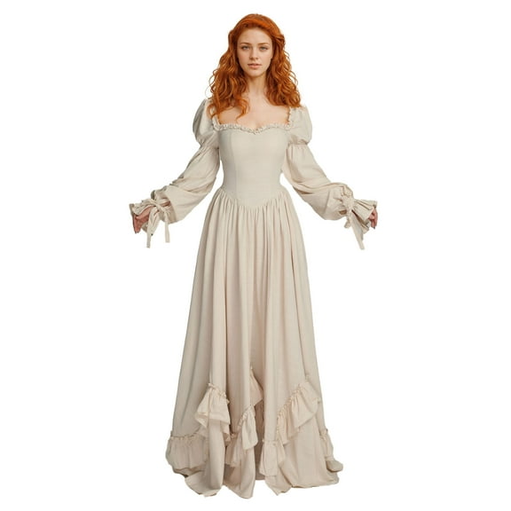DAIZBELLA White Medieval Renaissance Dress Princess Style Retro Dress with Ruffle Hem, M