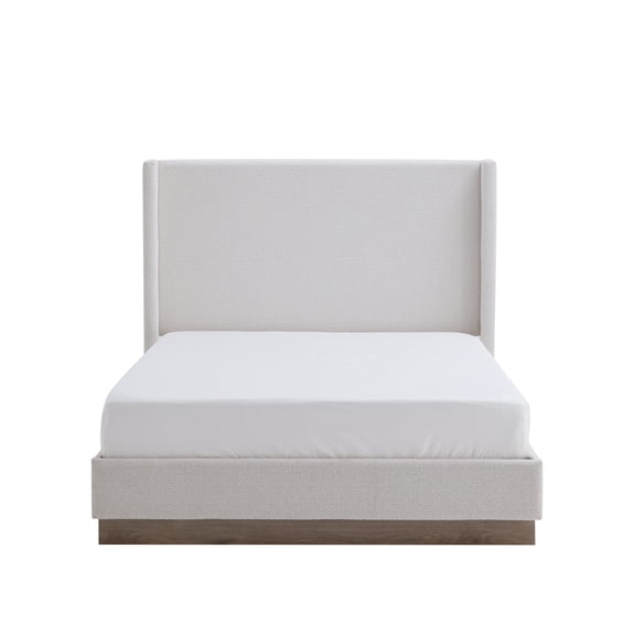 Hosford Upholstered Wingback Bed / Upholstered Wood Base Platform Bed / 53.1" High Headboard / Minimalist / Rusticity / No Box Spring Needed / King / Cream White Boucle / No Noise