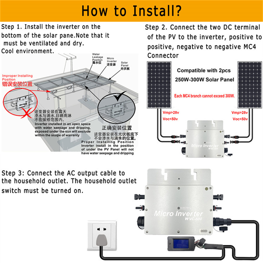 Y&H 600W Solar Grid Tie Micro Inverter Waterproof IP65 MPPT DC28-50V PV Input AC110V Output for 30V 36V Solar Panel