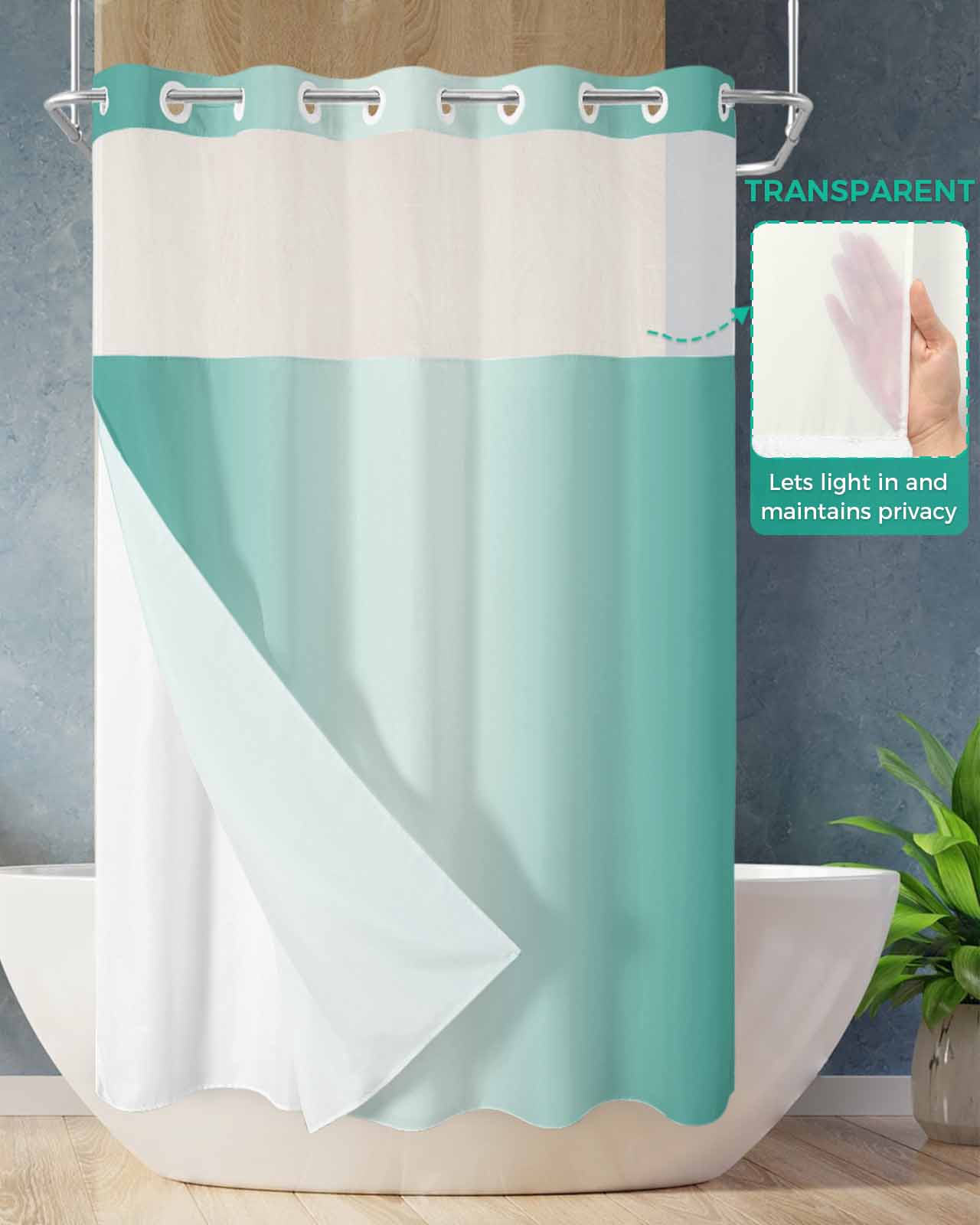 No Hook Shower Curtain with Snap in Liner, Ombre Abstract Gradient Teal Turquoise Hotel Shower Curtains for Bathroom, Washable Shower Curtain Liner Set with Mesh Top Window, 54"x78"