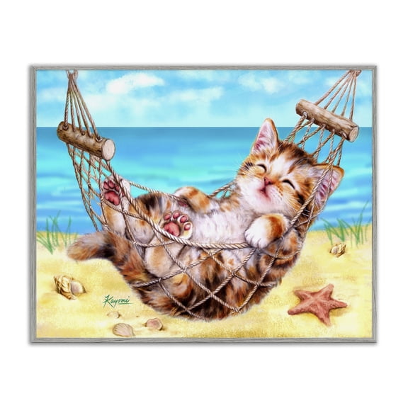 Stupell Industries Cottage Kitten in Beach Hammock Gray Framed Giclee Art, 20 x 16, by Kayomi Harai