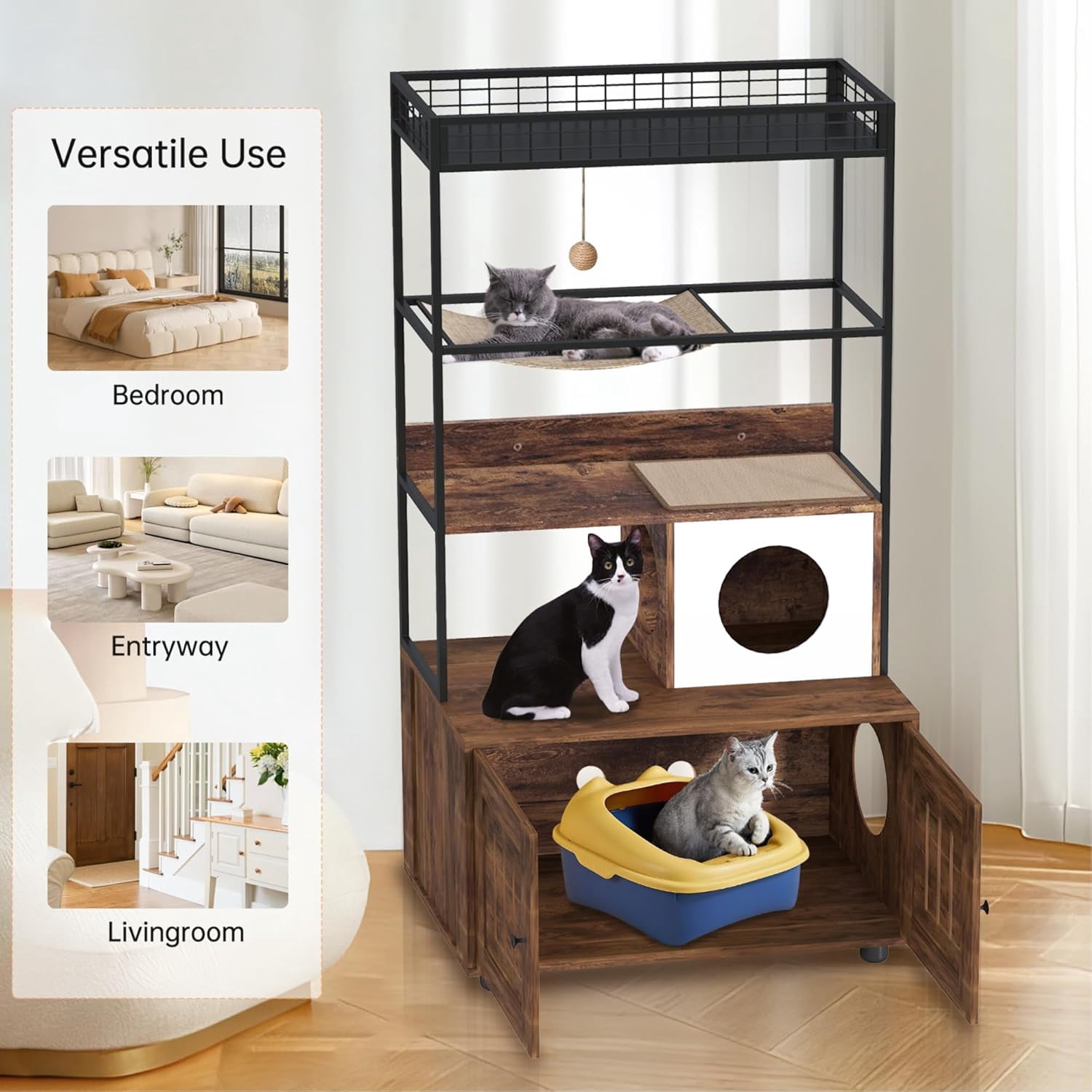 Acekid 60 Inch 2-in-1 Cat Tower Cabinet&nbsp;- Hidden Litter Box Enclosure with Metal Frame & Wood Condo, Includes Hammock & Scratching Mat, Dog-Proof Design (Retro)