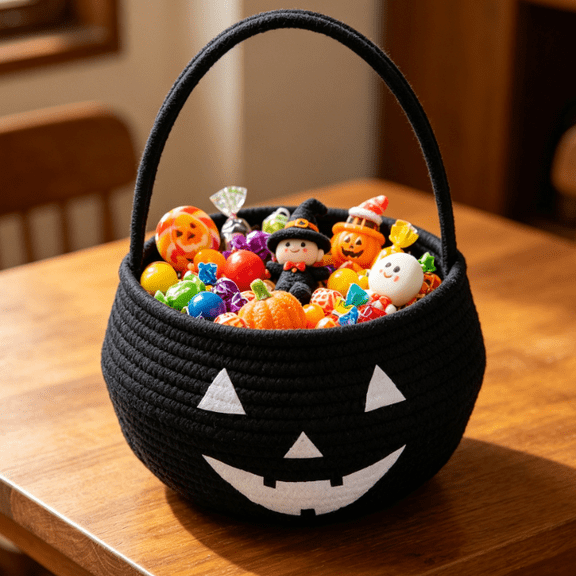 Halloween Trick or Treat Basket, Woven Cotton Rope Pumpkin Candy Bucket, Reusable Halloween Handheld Basket, Storage Basket for Kids, Party Favors, Home Decor