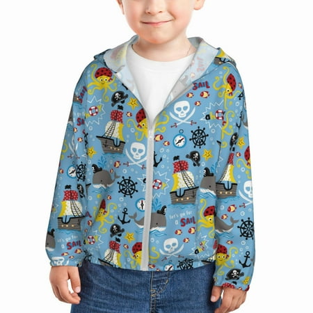 

Vsdgher Pirate Marine Animals Kids Sun Protection Hoodie with Zip Rash Guard Tops Children s Long Sleeve Sun Protection Clothing - 3 Years