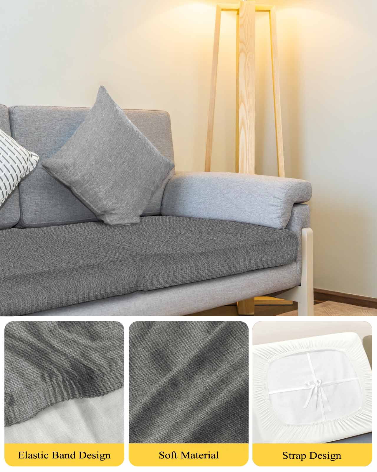 Vintage Dark Gray Couch Cushion Covers,Stretch Seat Cushion Covers for Sectional Sofa,Farmhouse Retro Solid Color Linen Texture Individual Sofa&nbsp;Slipcovers Furniture Protector with Elastic 1Pcs,S