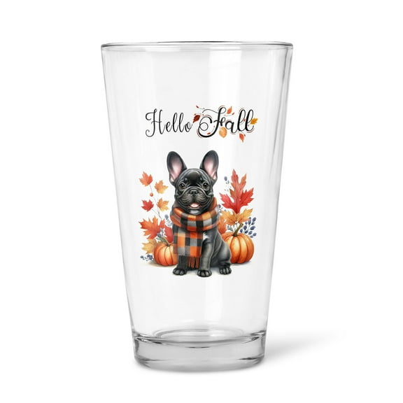 Hello Fall French Bulldog Scarf Welcome Autumn with Leaves Pumpkins 16oz Pint Beer Glass Mug Dog Lover Gifts Beer Glasses Cup - 00011