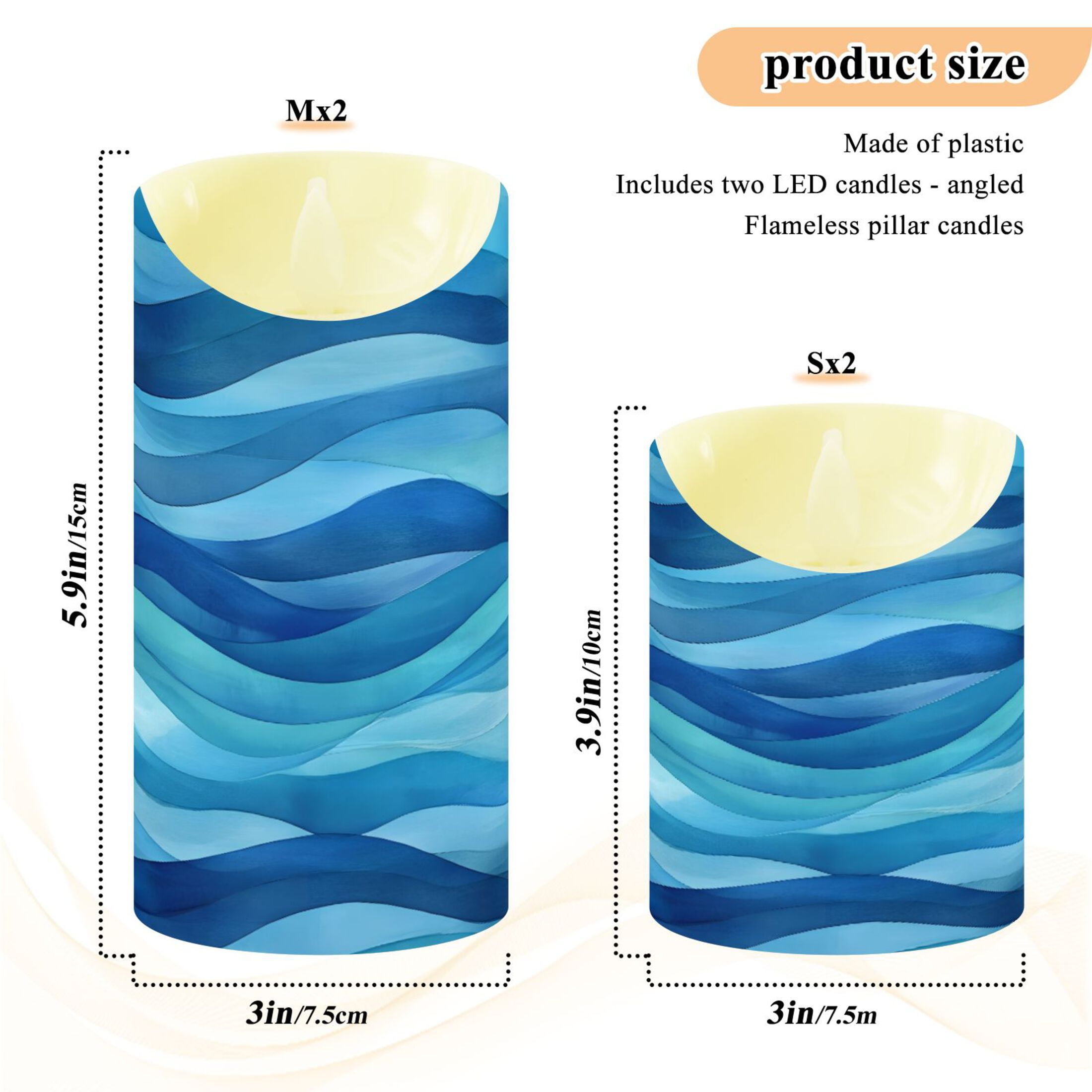 Blue Wavy Art Pattern Flameless Candles 2 PCS with Remote Realistic Moving Flame LED Tapered Pillar Set for Home Decor