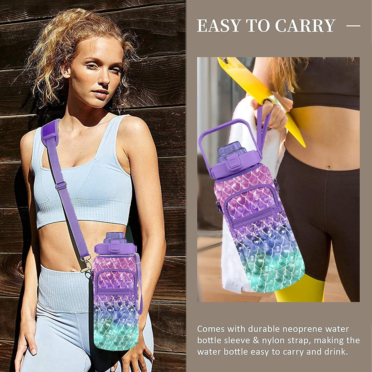 Half Gallon Water Bottle with Sleeve Water Bottle 64 Oz Water Bottle with Time Marker, 1/2 Gallon Water Bottles Half Gallon Water Bottle with Straw and Gym Yoga 1/2 Gallon Water Jug for Women Mermaid