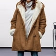 thumbnail image 3 of Lady Winter Coat Hooded Thick Fleece Lined Solid Color Mid Length Long Sleeves Single-breasted Small Horn Buttons Thermal Overcoat, 3 of 8