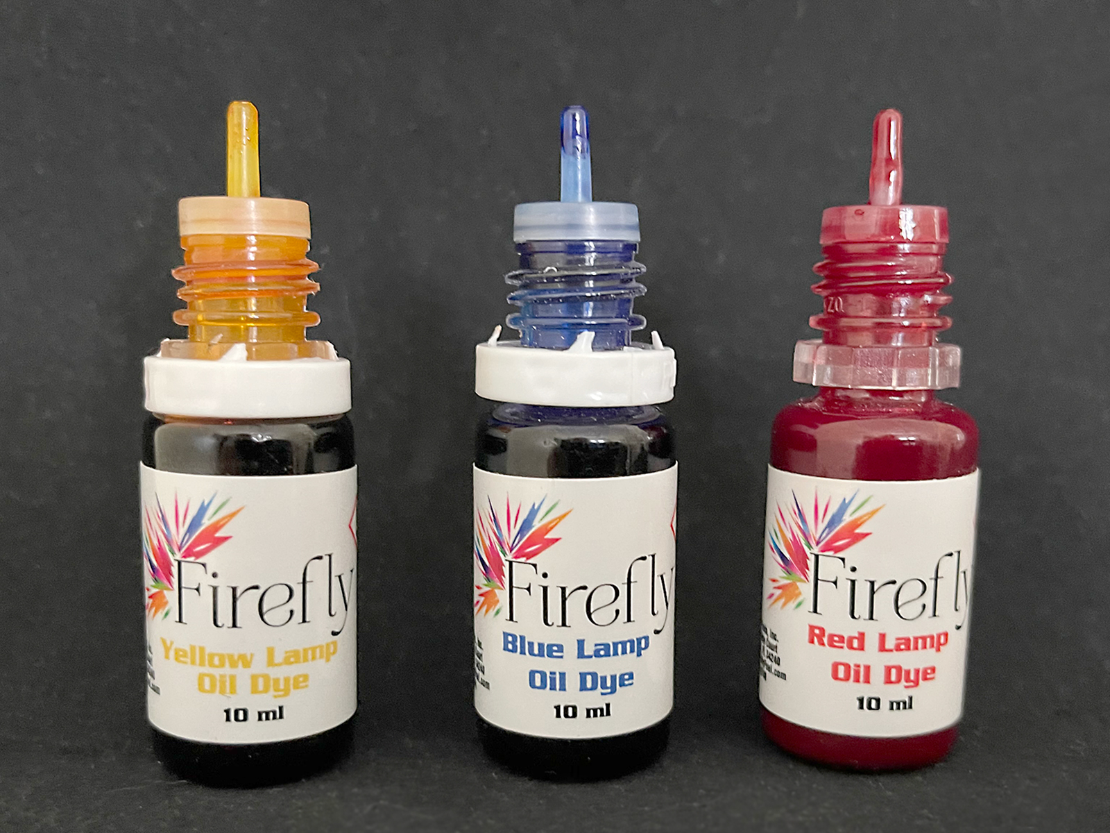 Firefly Colored Lamp Oil Dye - Red, Blue & Yellow. Use in Firefly Liquid Paraffin Lamp Oil. Color Your Lamp Oil Seasonally or