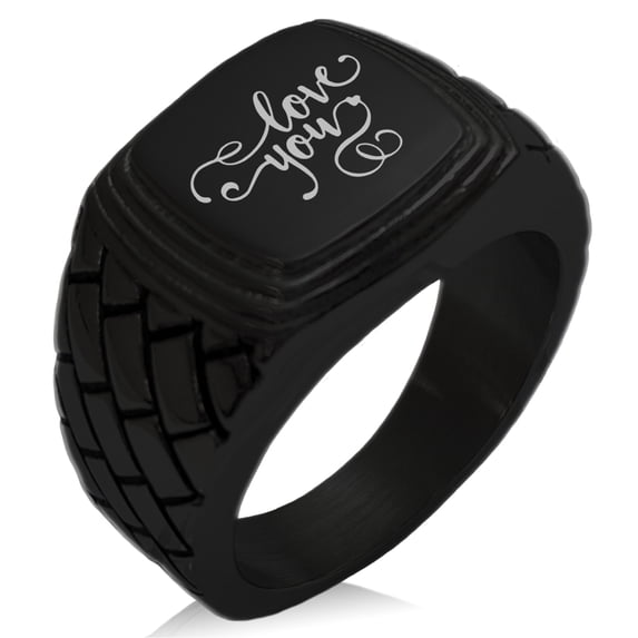 Stainless Steel Love You Calligraphy Swirl Geometric Pattern Step-Down Biker Style Polished Ring