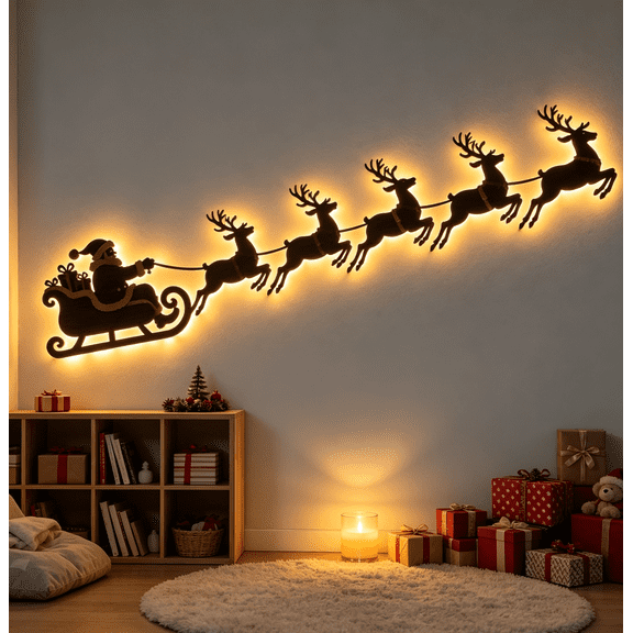 Christmas LED Wall Decor Reindeer Sleigh Light Up Wooden Wall Art Warm Glow Holiday Decor