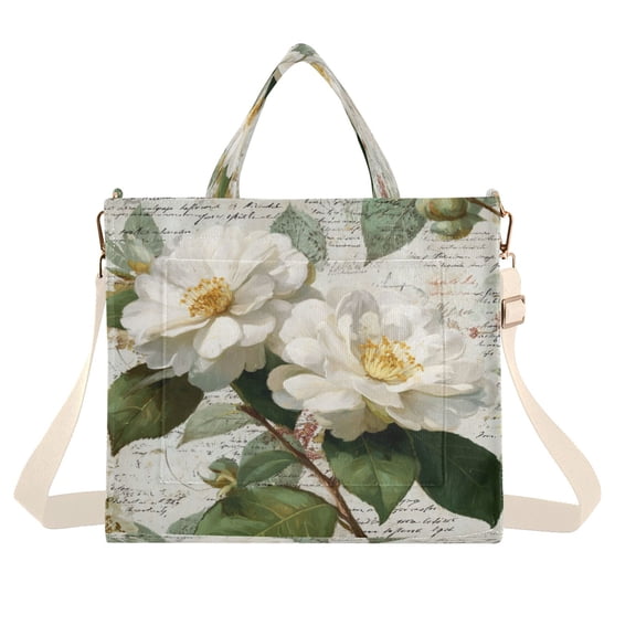 Corduroy Tote Bag for Women Shoulder Handbags Fashion Ladies Purses Satchel Messenger Bags Vintage White Camellias S