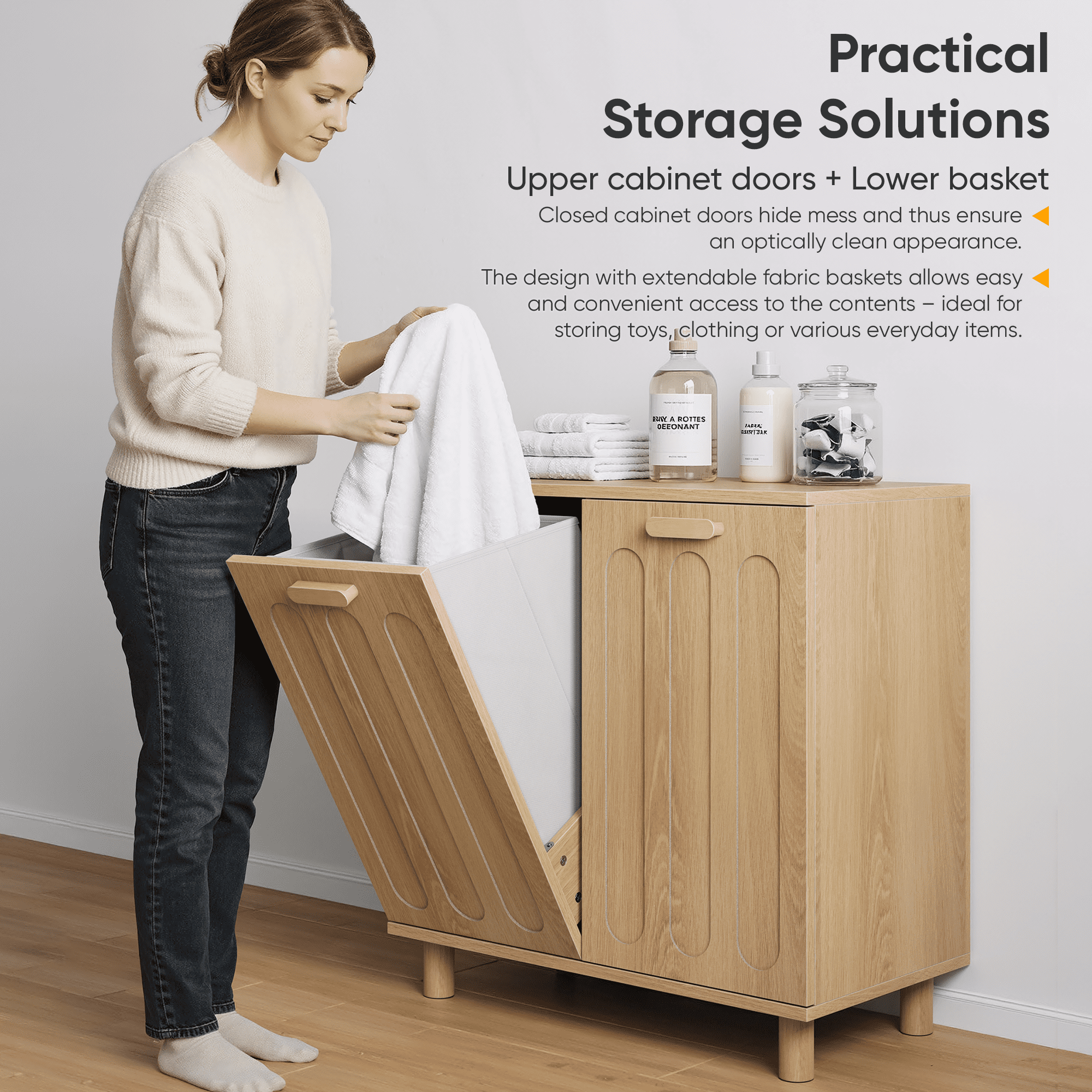 Tilt-out laundry cabinet with removable basket, concealed laundry storage, bathroom laundry storage unit, freestanding home storage rack, oak finish