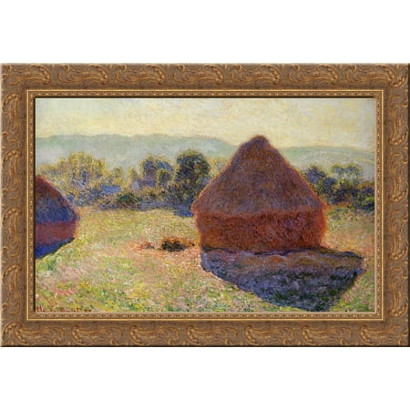 Grainstacks in the Sunlight, Midday 24x19 Gold Ornate Wood Framed Canvas Art by Monet, Claude