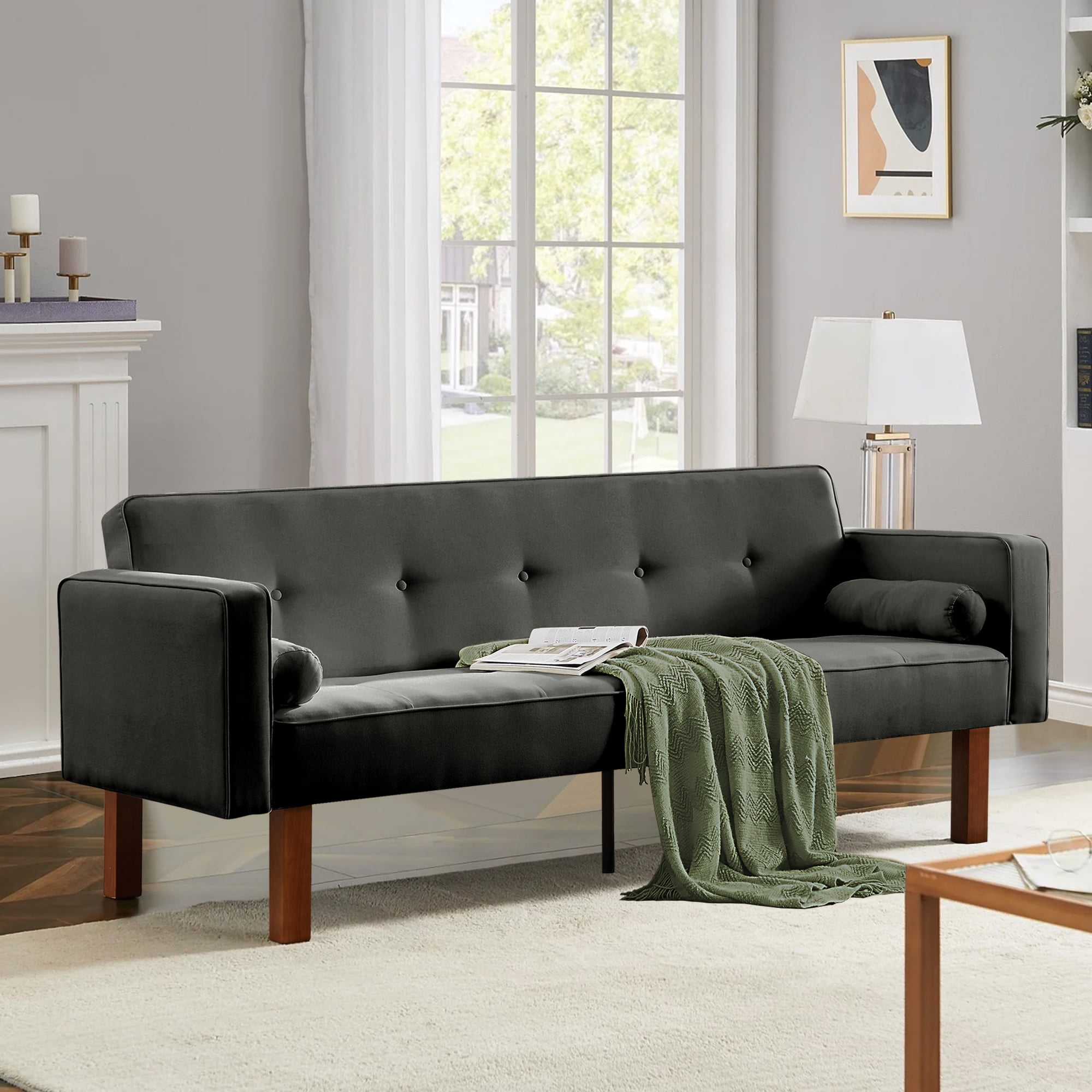 Futon Sofa Bed,Modern Dark Gray Convertible Couch Bed with Armrests,Fabric Linen Sofa Bed,Folding Recliner Futon Sleeper Sofa