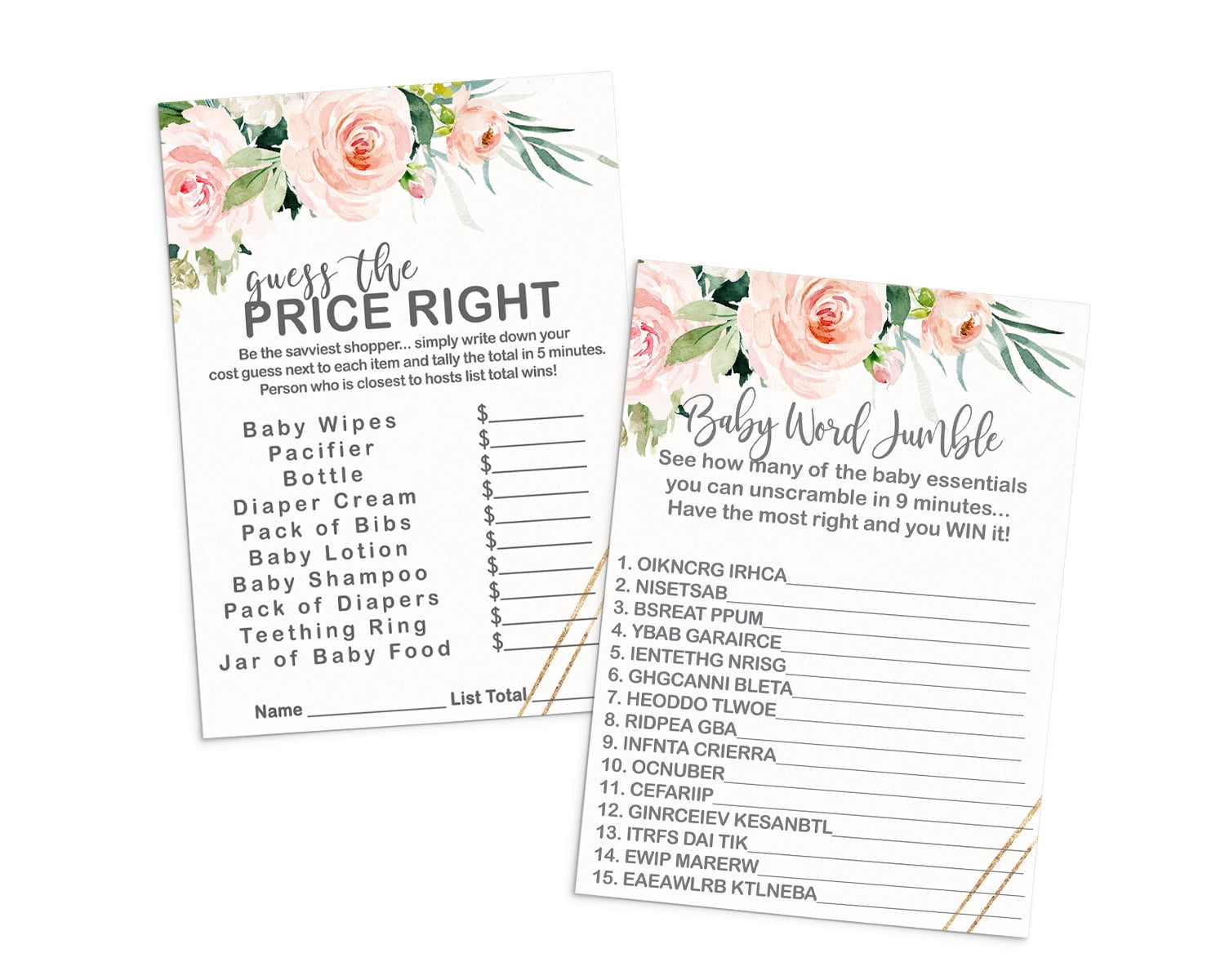 Graceful Floral Baby Shower Game Card Bundle 2 in 1 Pack (25 Each) Includes Baby Word Scramble  - Guess the Price Activity - Girls Greenery Pink and Gold - Paper Clever Party