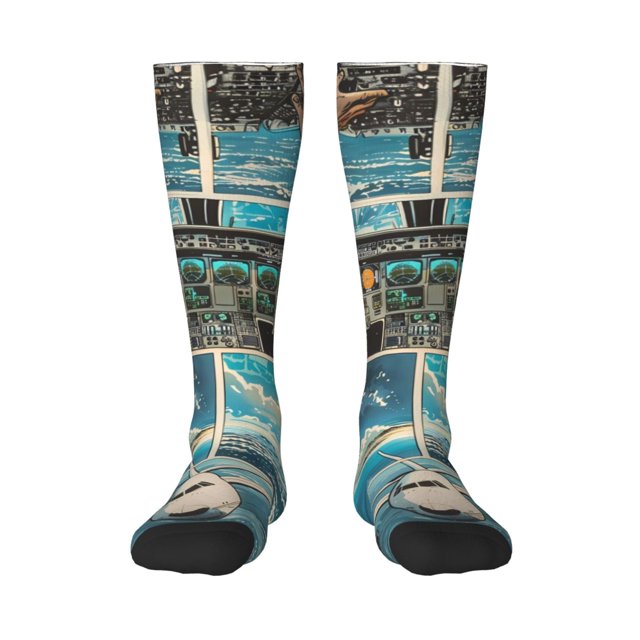 Balery Comic Airplane Cockpit Illustration Calcetines novedosos Calcetines deportivos Calcetines hasta la rodilla Calcetines de algodón Calcetines originales y geniales