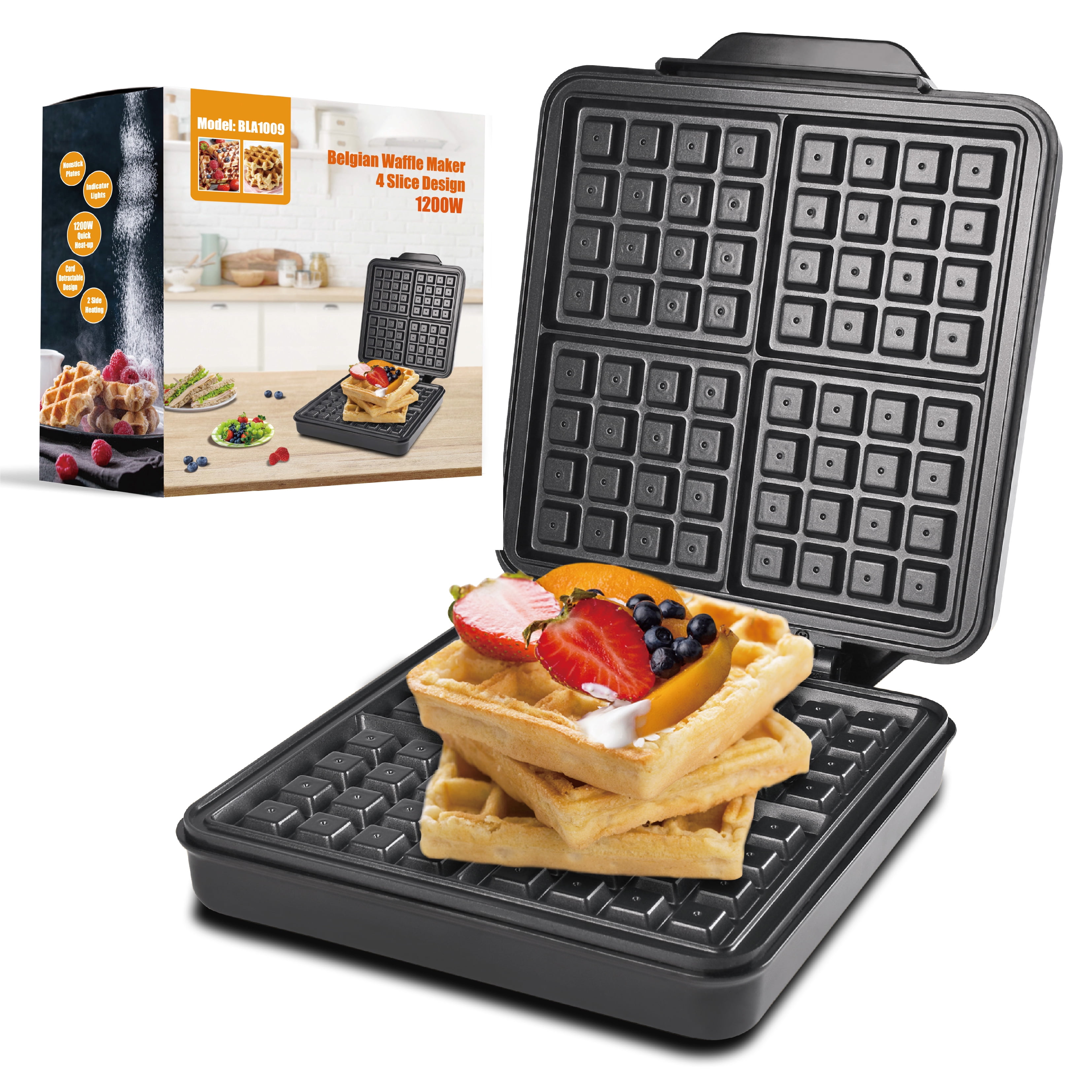 4 Slice Waffle Maker with Easy to Clean, Stainless Steel, Black & Silver, 1200W