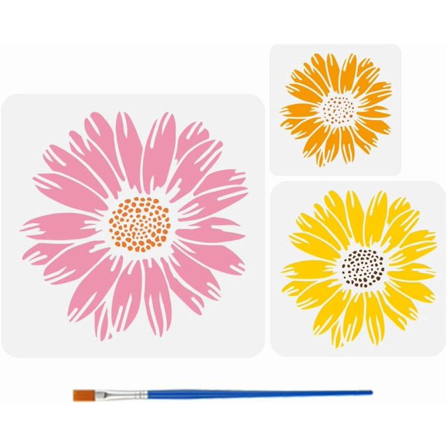 Plantilla de pintura floral de margaritas (3 piezas) con pincel, 3 tamaños, reutilizable, con diseño de flores de margarita y pétalos.