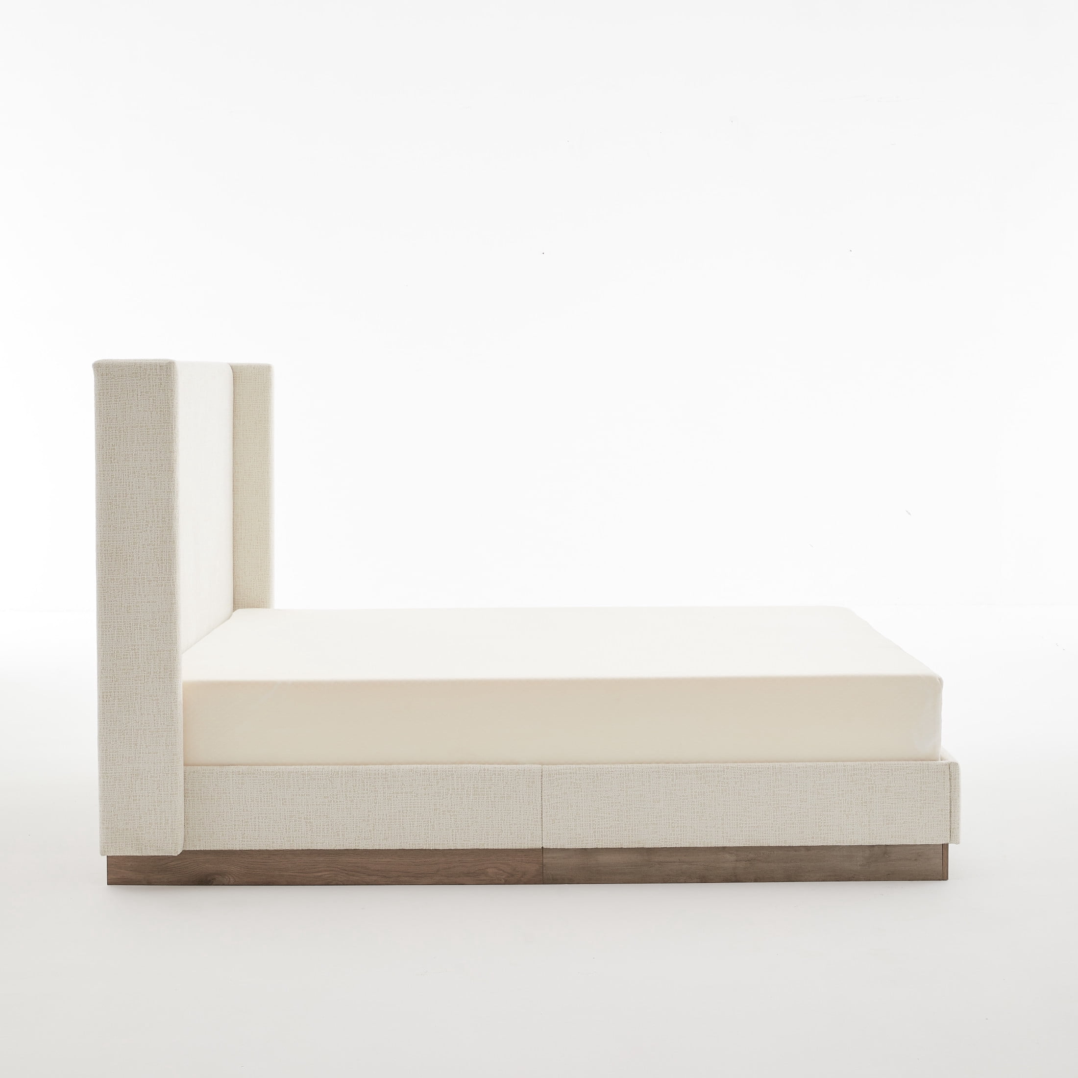 Noble House Hosford California King Boucle Upholstered Wingback Bed, Wood Base Platform Bed with Headboard, Oat