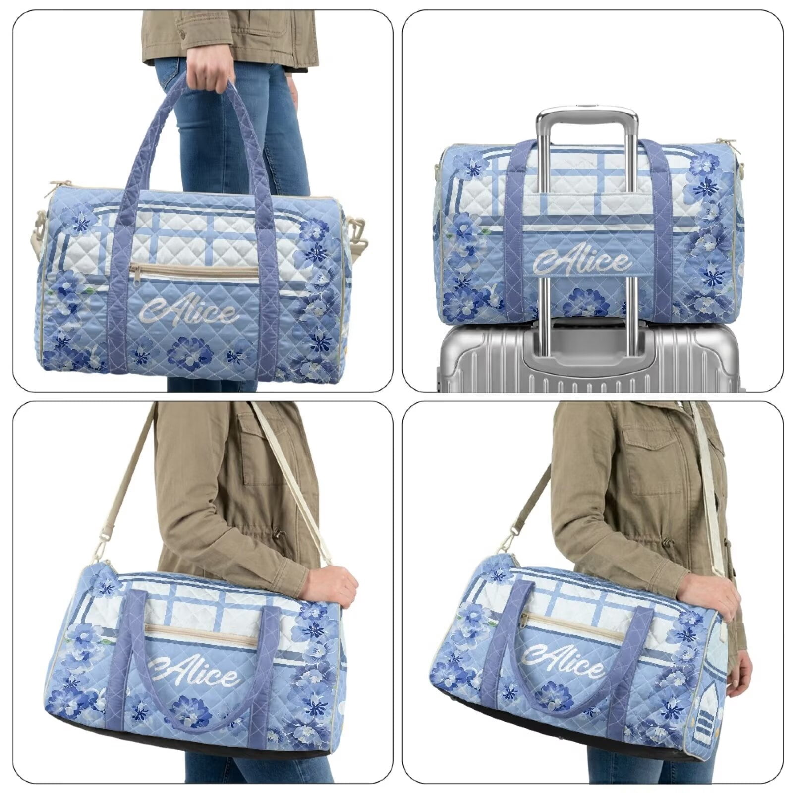 Garronmavis Blue Floral Large Quilted Duffle Bag for Women Carry On Weekender Bag Travel Bag Shoulder Gym Dance Overnight Tote with Zipper Pockets