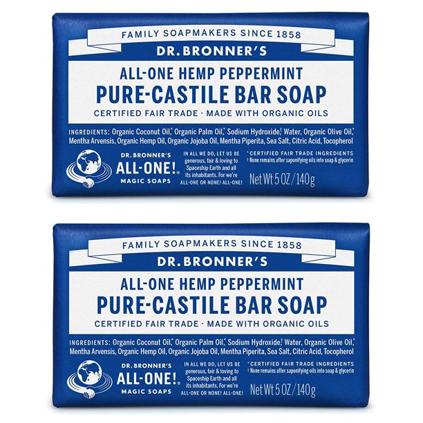 Dr. Bronner's Organic Pure Castile Bar Soap, Peppermint, 5 oz, 2 pk