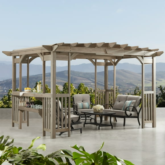 Yardistry 10' x 14' Madison Pergola – Premium Cedar Wood Structure with Timber Gray Stain, Integrated Bar and Counter, and Removable Sunshade