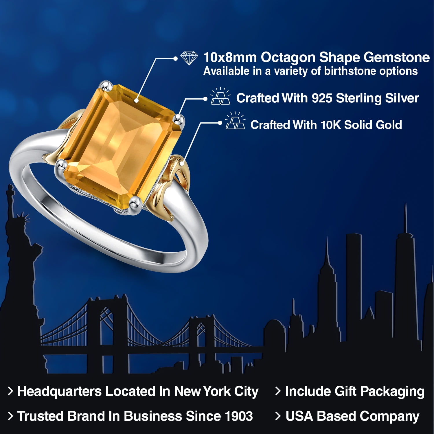 Gem Stone King 925 Silver and 10K Yellow Gold Yellow Citrine Solitaire Engagement Ring for Women | 2.90 Cttw | Emerald Cut 10X8MM | Gemstone November Birthstone | Size 7