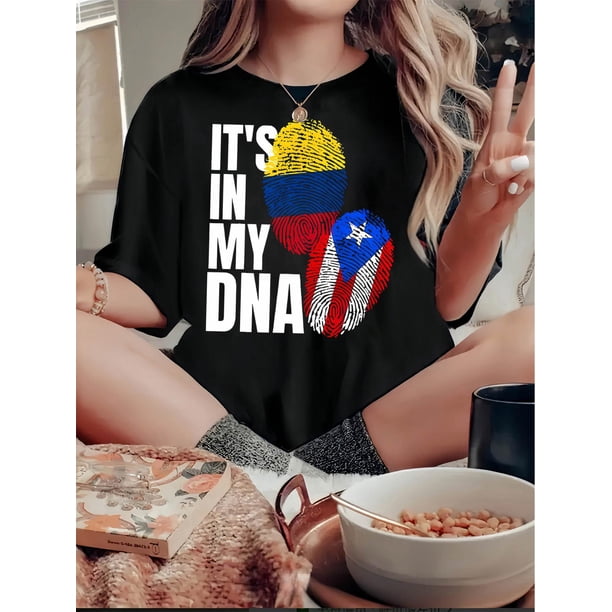 Camisetas con gráficos clásico para mujeres y adolescentes y niñas, playera de verano con estampado estéticoWomen's Patriotic Fingerprint Flag Print T-Shirt - "IT's IN MY DNA" Graphic, Casual & Comf