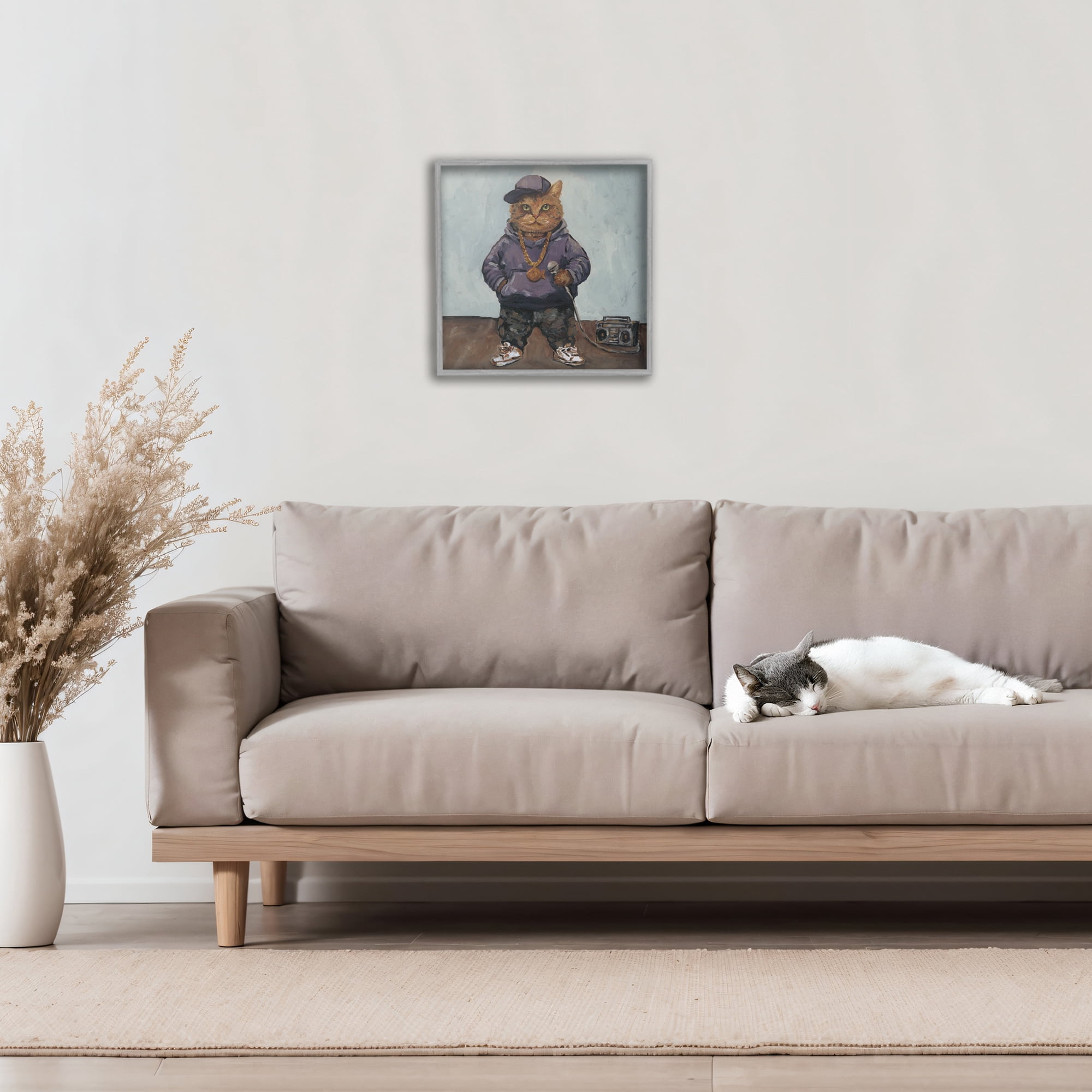 Stupell Industries Urban Hip-Hop Cat Gray Framed Giclee Art, design by Studio Bautista